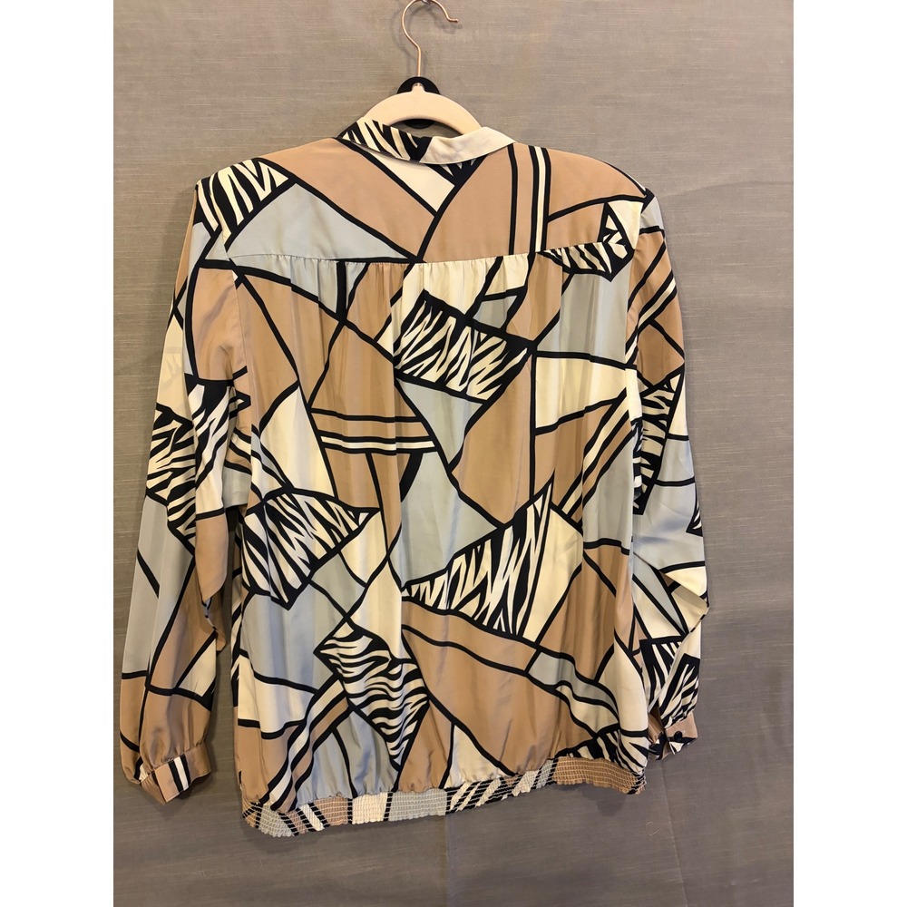 XL 158 Vintage Abstract Geometric Print Blouse Smocked Hem Collared Pullover - Picture 3 of 4